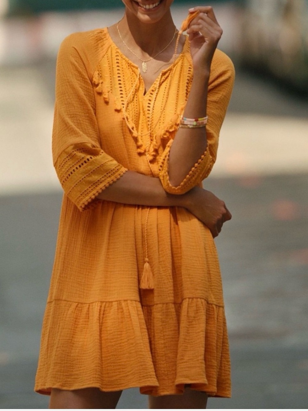 Anthropologie Mustard Yellow Tassel Mini Dress
